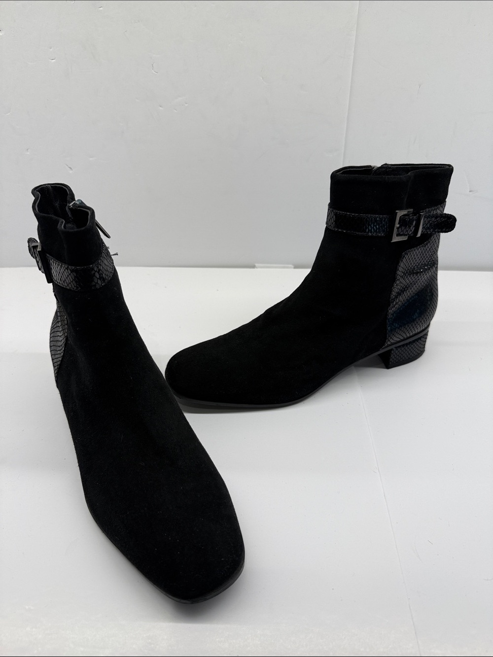 Aquatalia Black Suede Ankle Boots with Textured Heel and Buckle